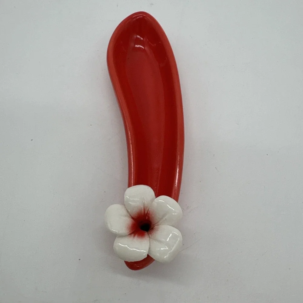 Vintage Red White Tropical Flower Spoon Rest Trinket Dish Hawaiian Style Small‎